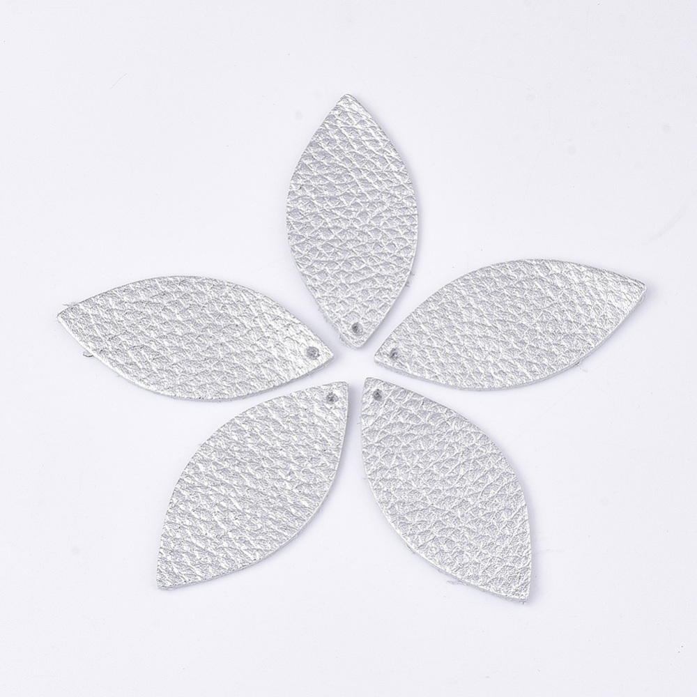 [FIND5 FIND-S301-27D-05] Pendentif en cuir de vachette, feuille, couleur argent, 44x21x1mm, trou 1.5mm