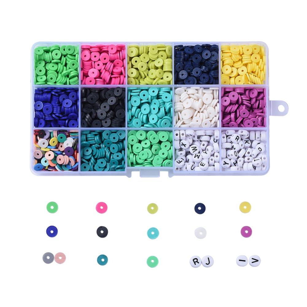 Kit perles Heishi polymère, 6x1mm, trou 2mm, 13 couleurs + perles lettres, env. 2800 pièces
