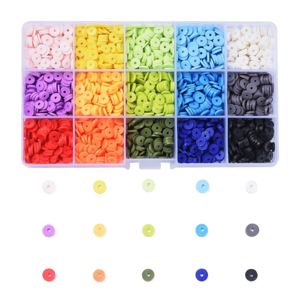 Kit perles Heishi polymère, 6x1mm, trou 2mm, 15 couleurs env. 3000 pièces