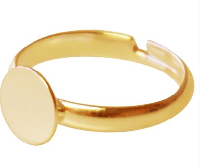 [6/11OR] Bague réglable avec support, métal, couleur or, anneau 17mm, support 10mm