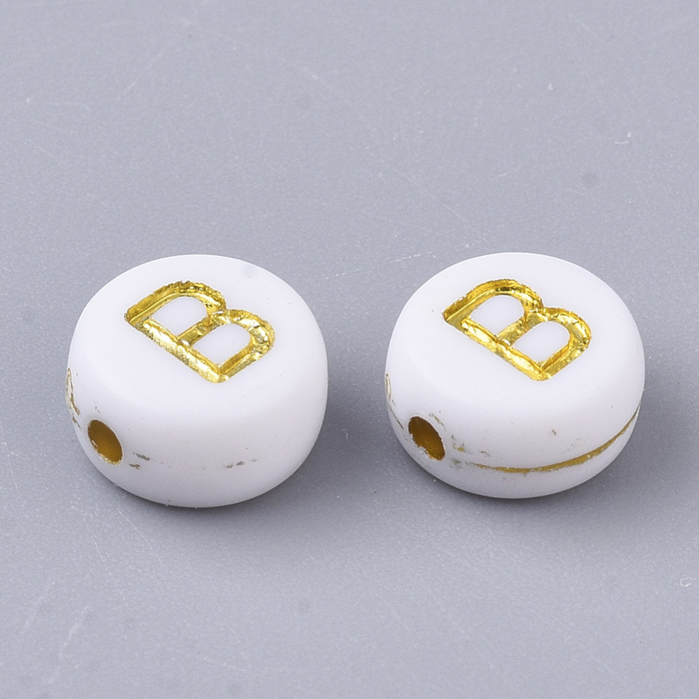 [X-PACR-R242-01B] Lettre Perle en plastique, B, blanc et doré, rond et plat, 7x3,5mm