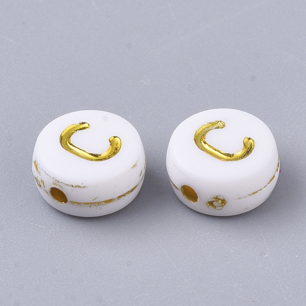 [X-PACR-R242-01C] Lettre Perle en plastique, C, blanc et doré, rond et plat, 7x3,5mm