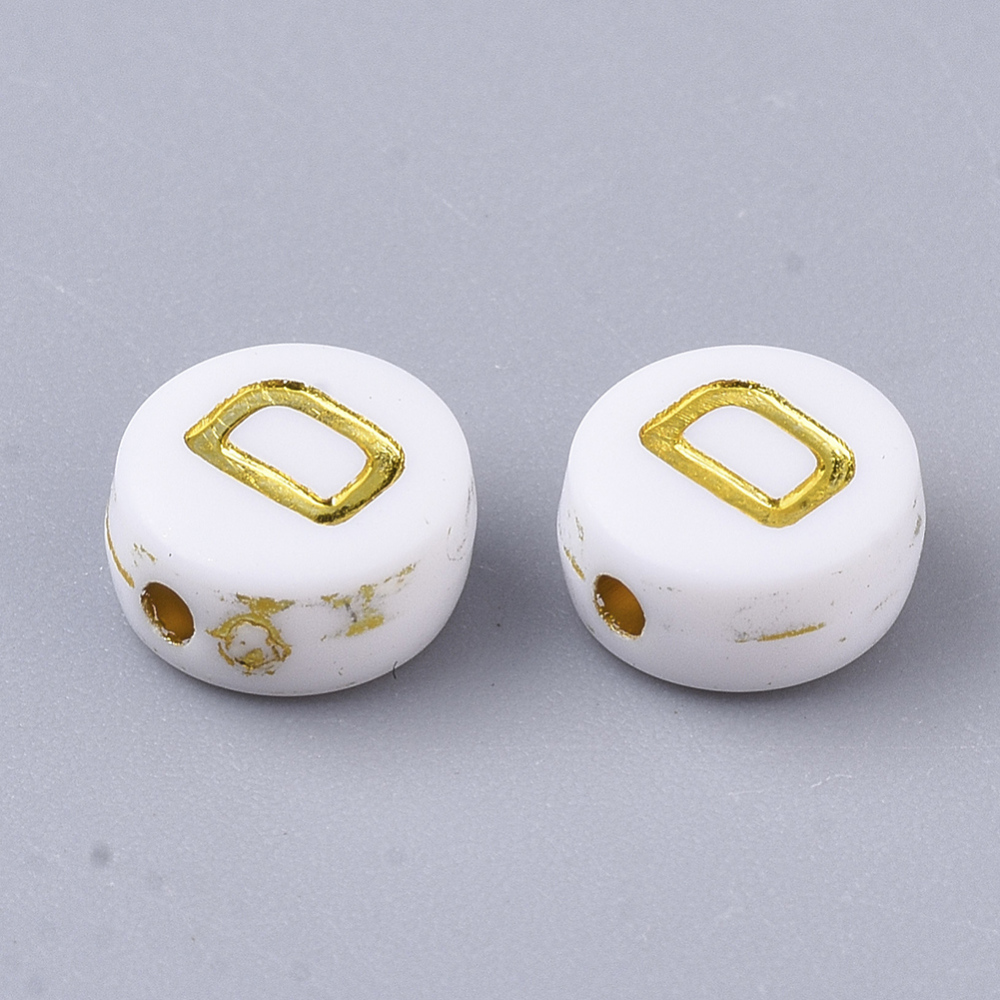 Lettre Perle en plastique, D, blanc et doré, rond et plat, 7x3,5mm