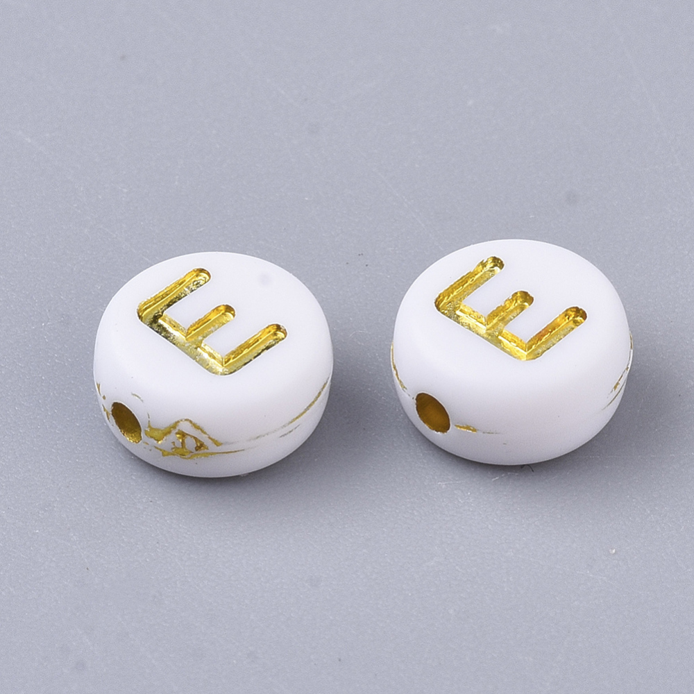 Lettre Perle en plastique, E, blanc et doré, rond et plat, 7x3,5mm