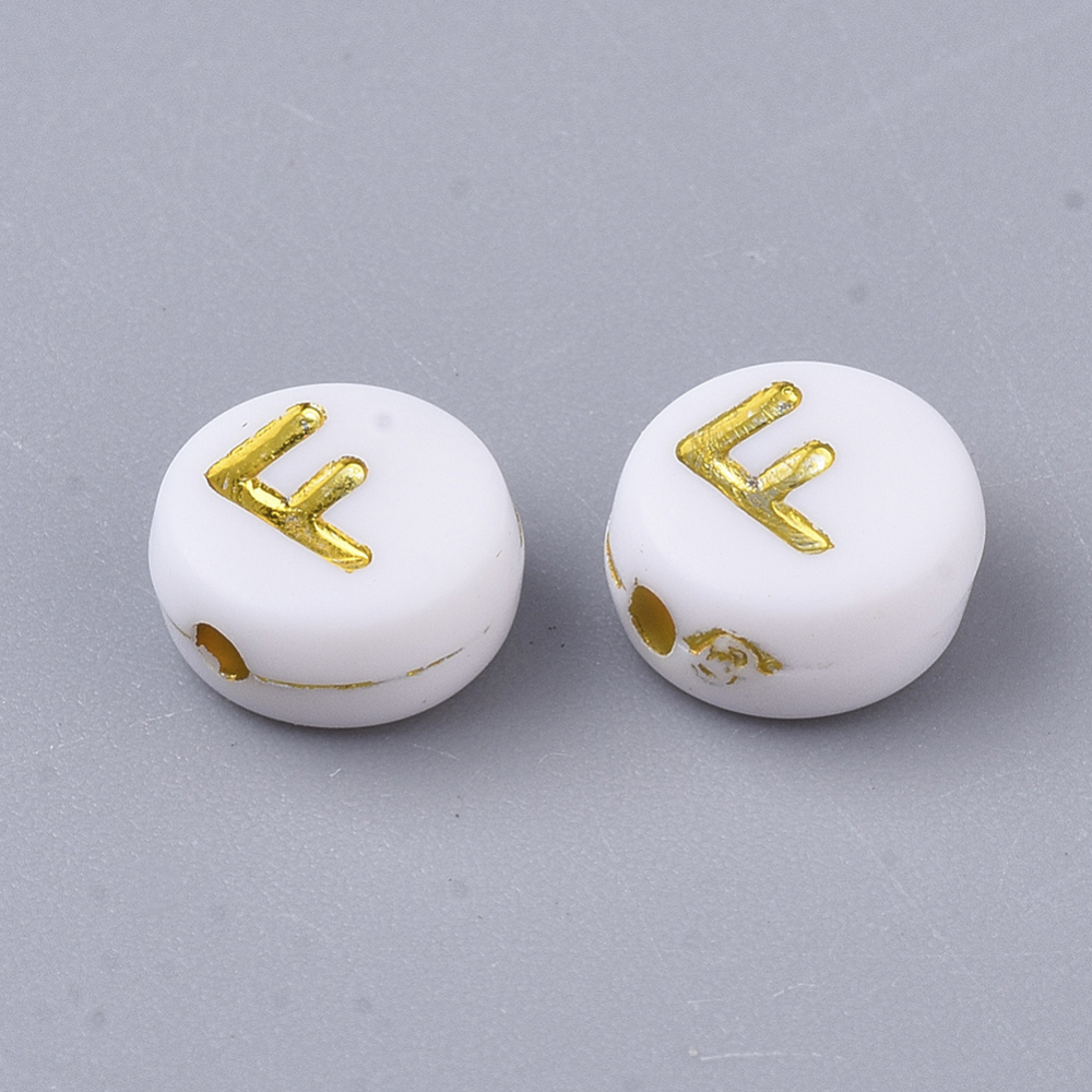 Lettre Perle en plastique, F, blanc et doré, rond et plat, 7x3,5mm