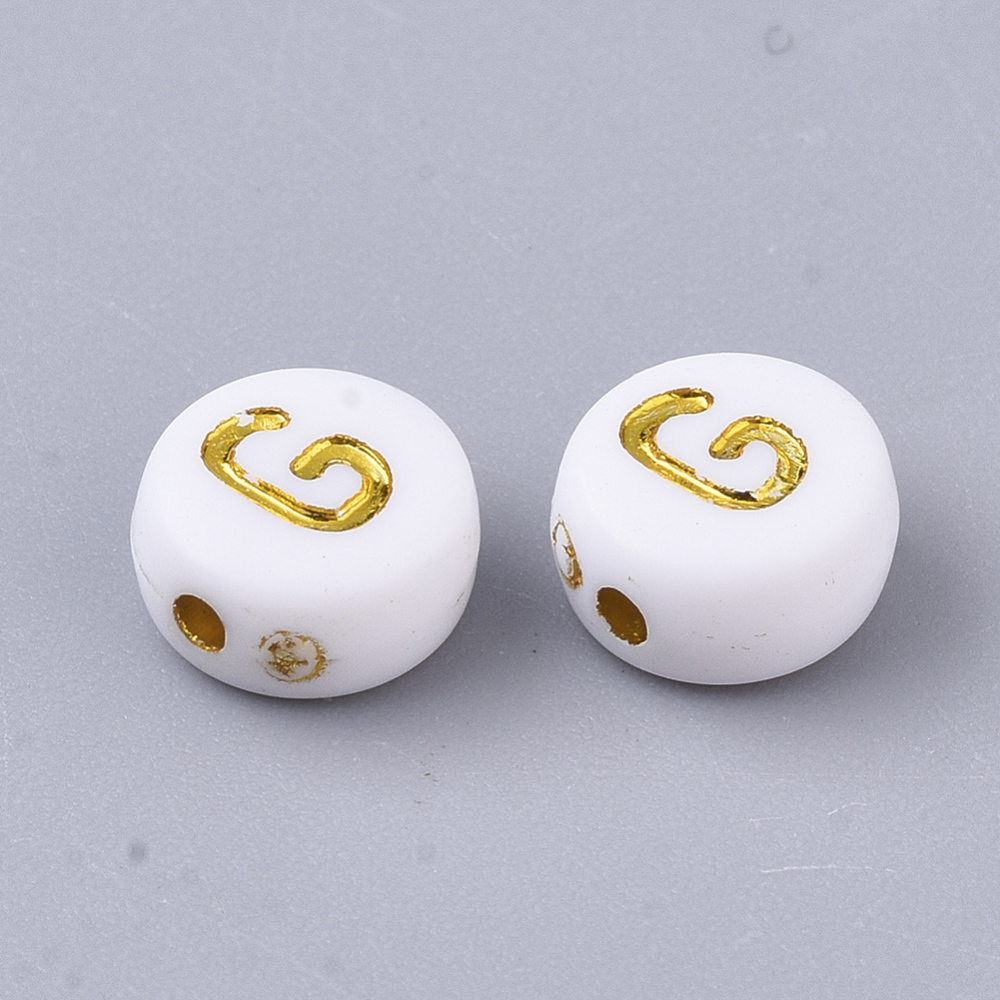 [X-PACR-R242-01G] Lettre Perle en plastique, G, blanc et doré, rond et plat, 7x3,5mm
