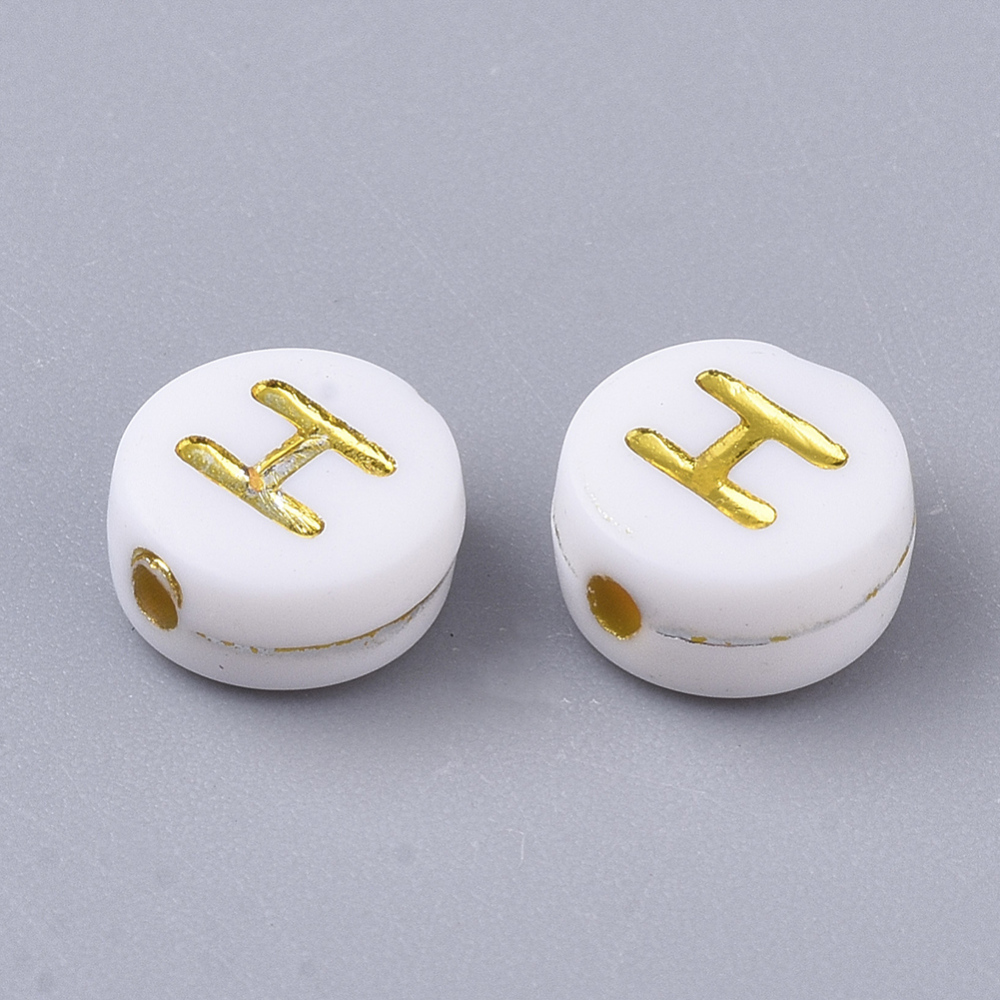 [X-PACR-R242-01H] Lettre Perle en plastique, H, blanc et doré, rond et plat, 7x3,5mm