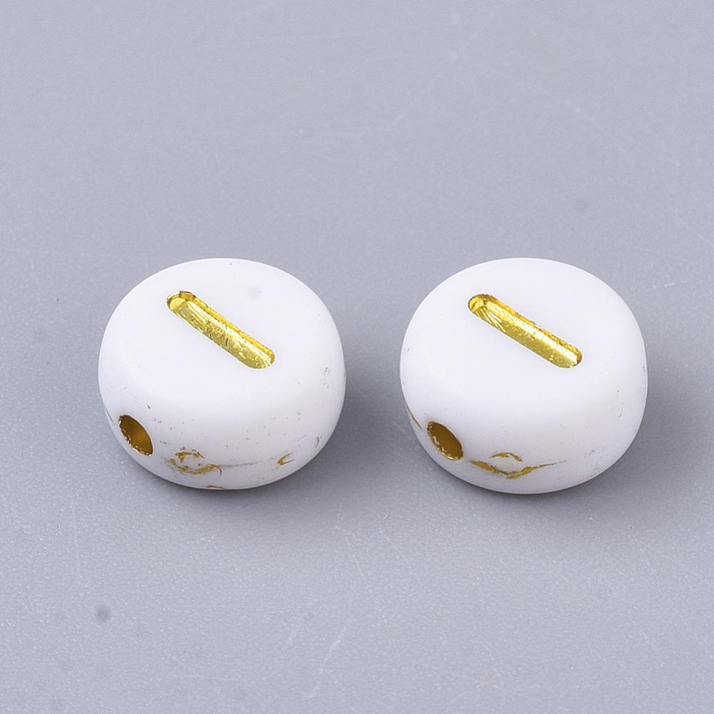 Lettre Perle en plastique, I, blanc et doré, rond et plat, 7x3,5mm