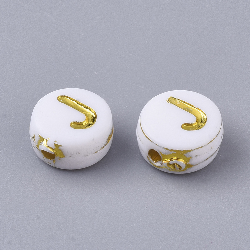 [X-PACR-R242-01J] Lettre Perle en plastique, J, blanc et doré, rond et plat, 7x3,5mm