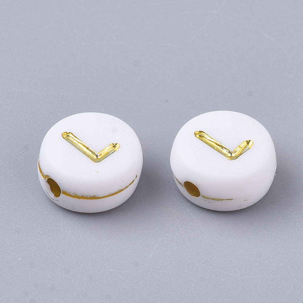 Lettre Perle en plastique, L, blanc et doré, rond et plat, 7x3,5mm