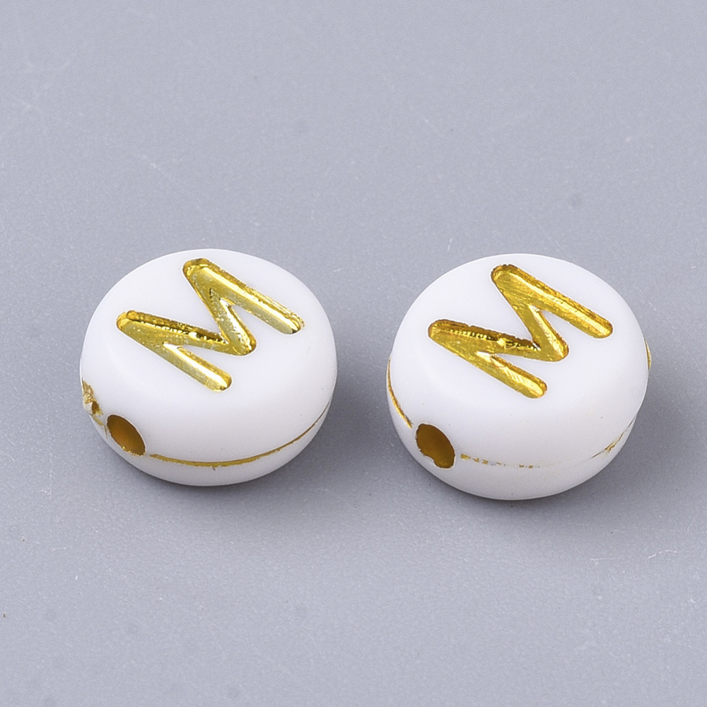 Lettre Perle en plastique, M, blanc et doré, rond et plat, 7x3,5mm