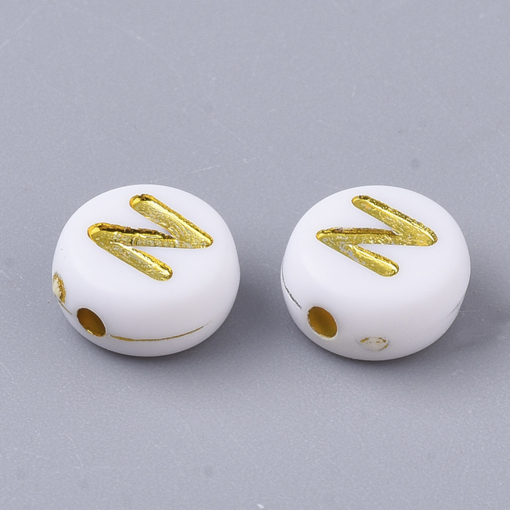 [X-PACR-R242-01N] Lettre Perle en plastique, N, blanc et doré, rond et plat, 7x3,5mm
