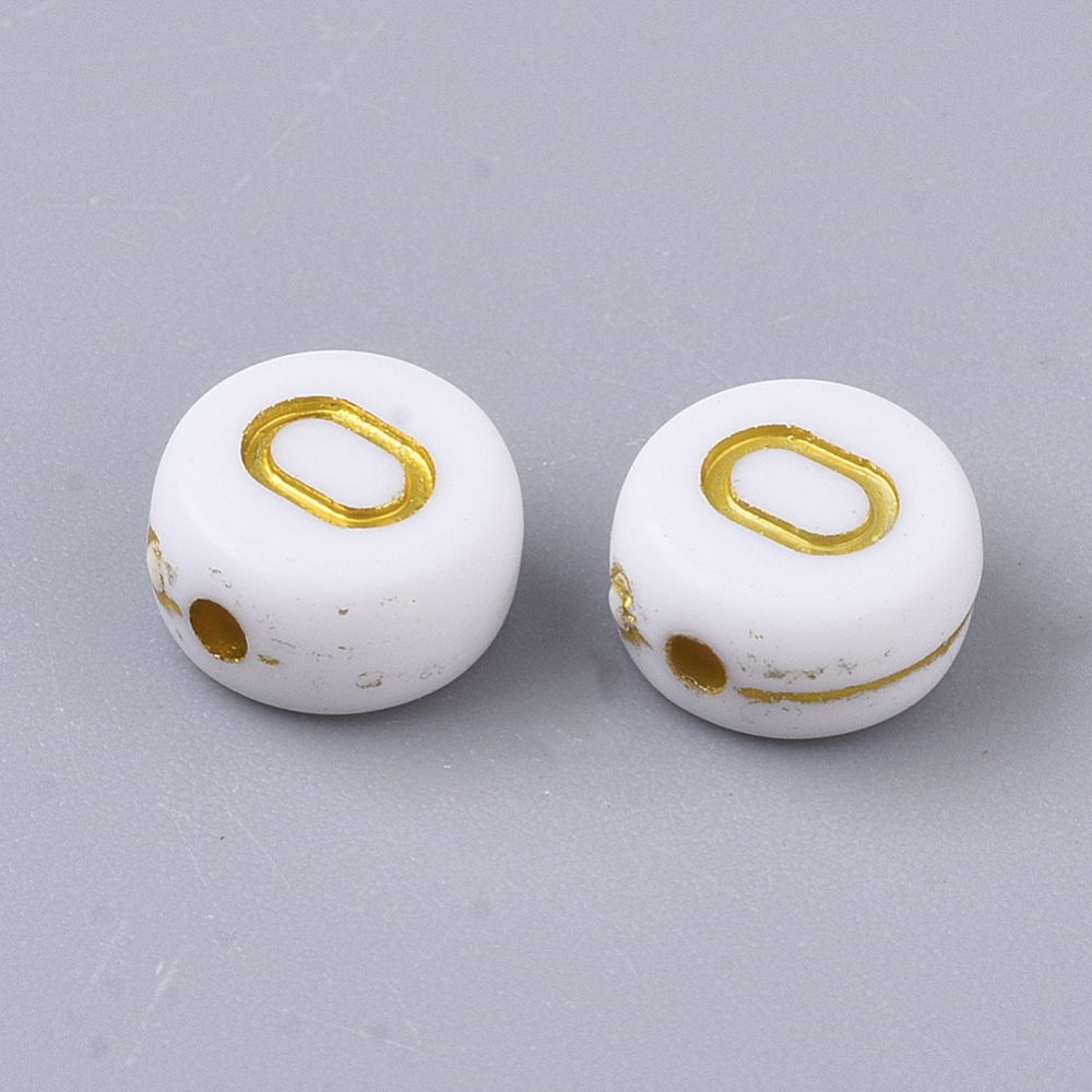 Lettre Perle en plastique, O, blanc et doré, rond et plat, 7x3,5mm