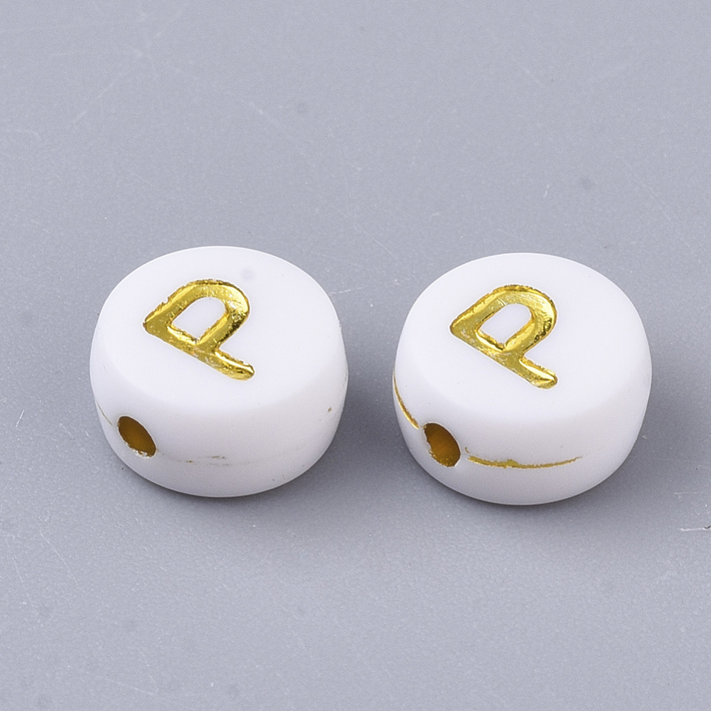 [X-PACR-R242-01P] Lettre Perle en plastique, P, blanc et doré, rond et plat, 7x3,5mm
