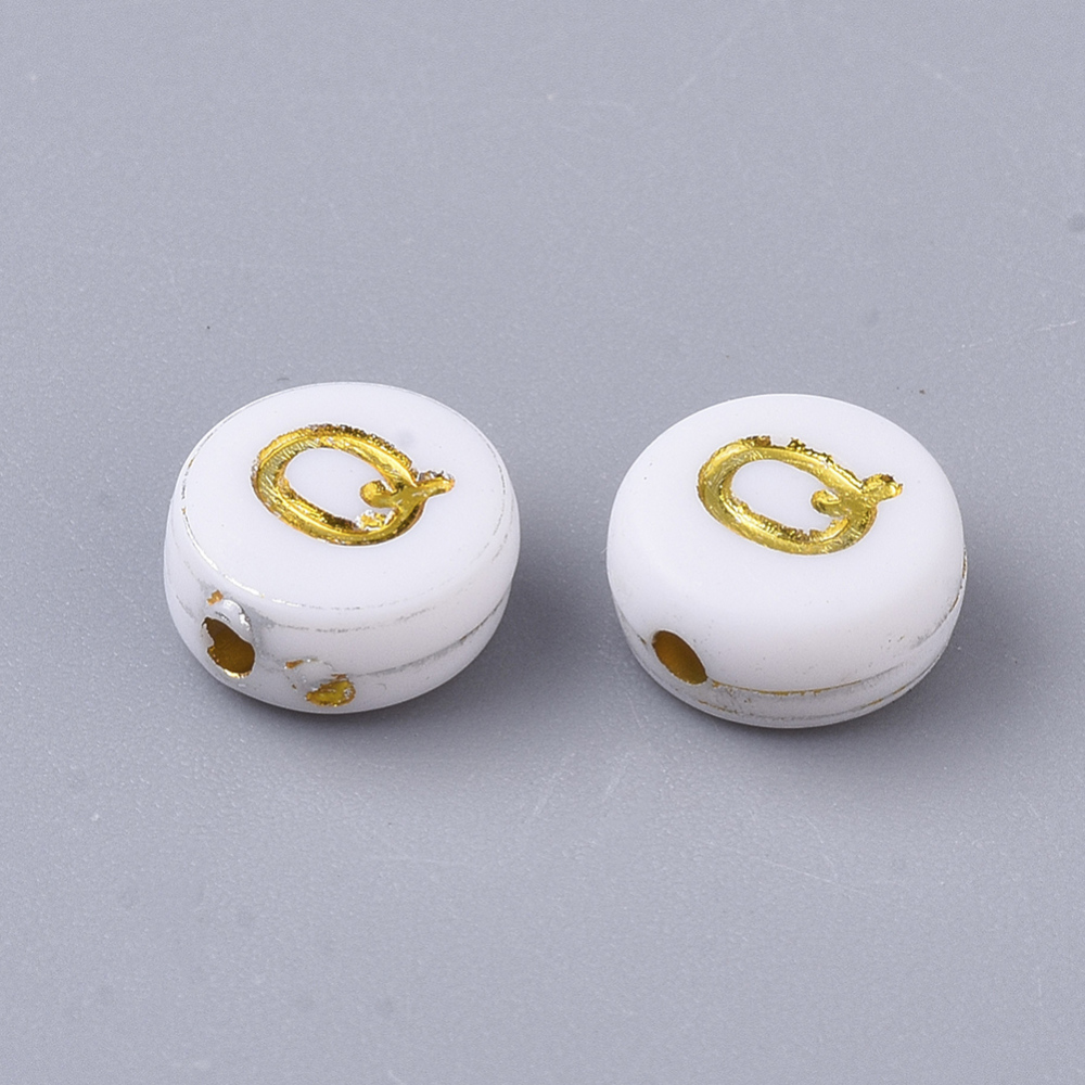 Lettre Perle en plastique, Q, blanc et doré, rond et plat, 7x3,5mm