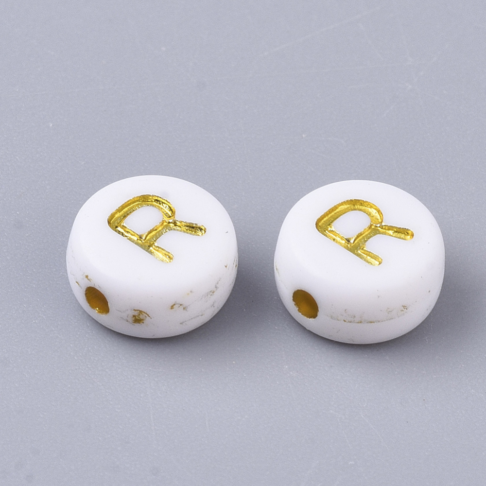 Lettre Perle en plastique, R, blanc et doré, rond et plat, 7x3,5mm