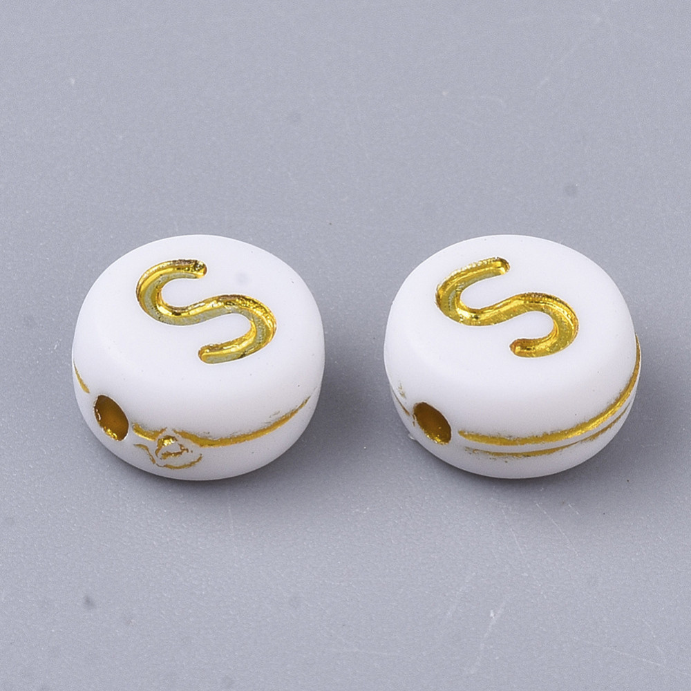 Lettre Perle en plastique, S, blanc et doré, rond et plat, 7x3,5mm