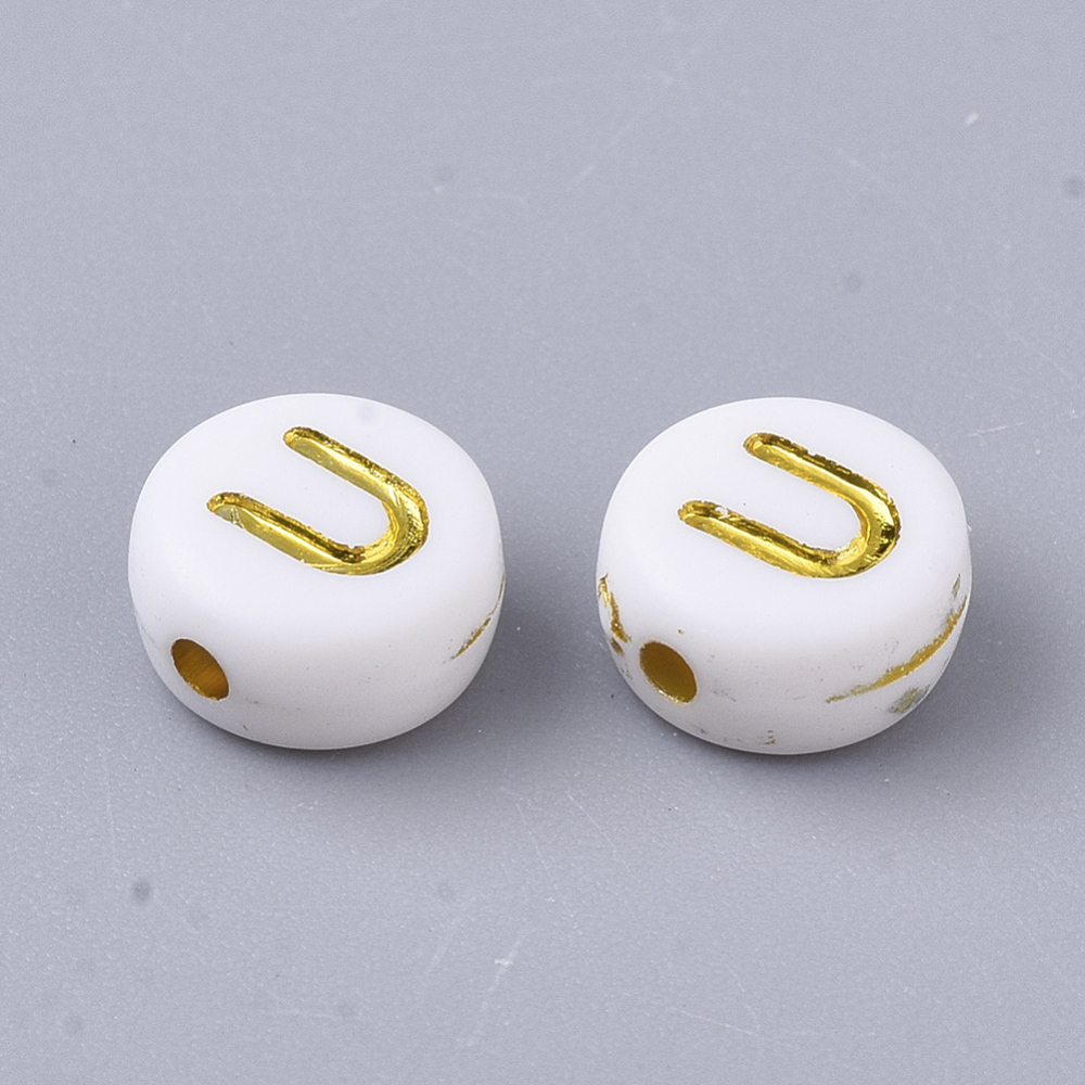 [X-PACR-R242-01U] Lettre Perle en plastique, U, blanc et doré, rond et plat, 7x3,5mm