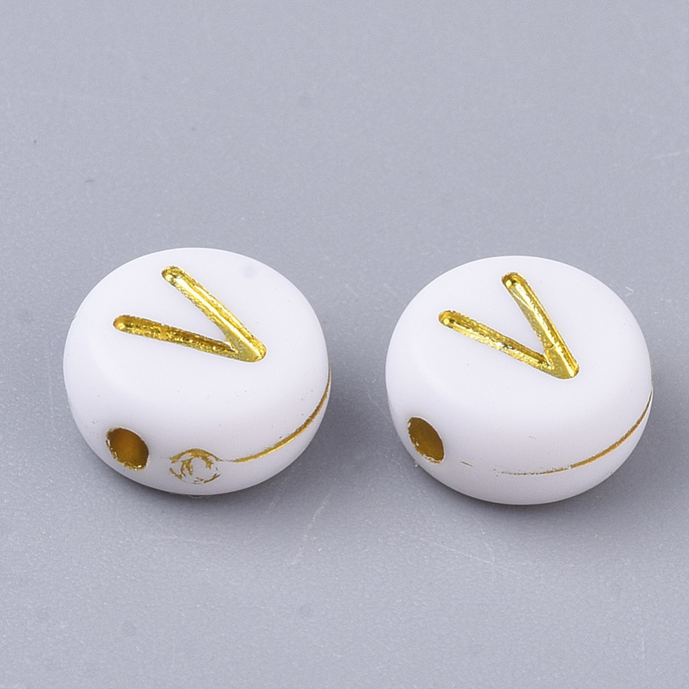 Lettre Perle en plastique, V, blanc et doré, rond et plat, 7x3,5mm