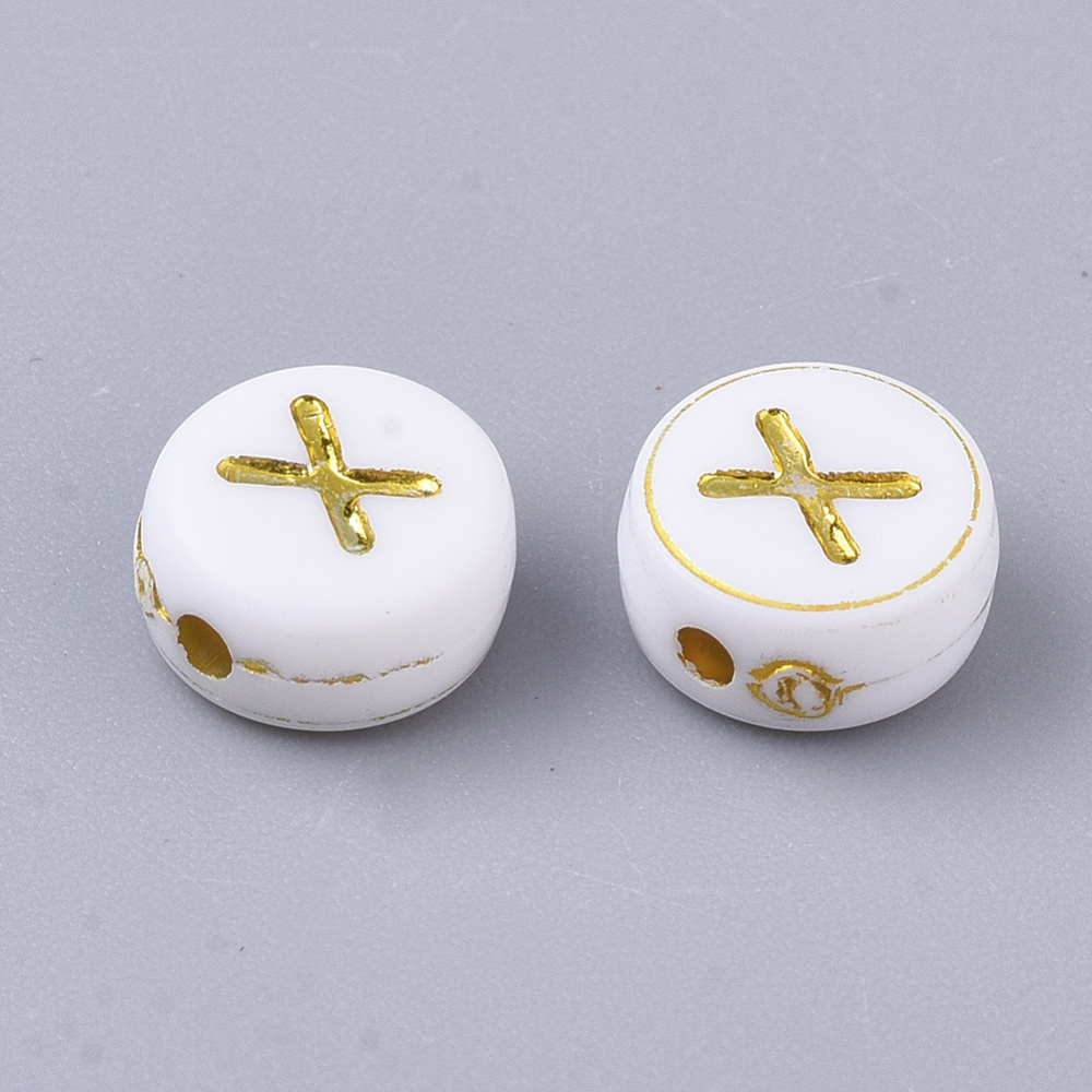 [X-PACR-R242-01X] Lettre Perle en plastique, X, blanc et doré, rond et plat, 7x3,5mm
