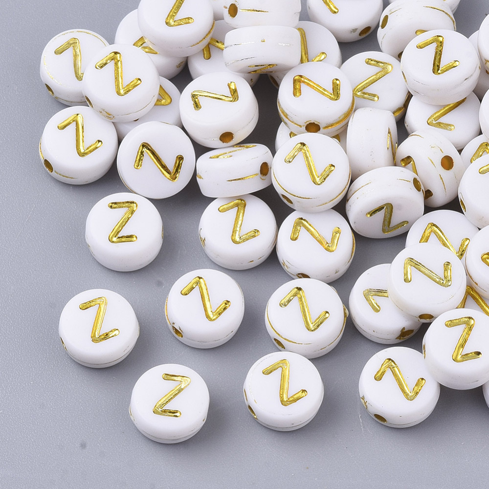 [X-PACR-R242-01Z] Lettre Perle en plastique, Z, blanc et doré, rond et plat, 7x3,5mm