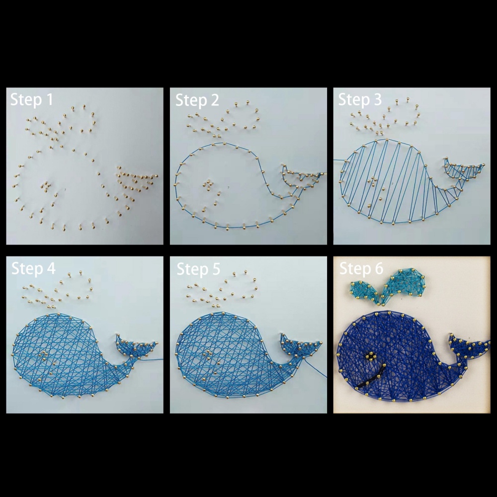 [DIY-F070-03] Kit de string art, planche 15x15cm pré-percée motif baleine, marteau, fils, clous, ciseaux, attaches de cadre