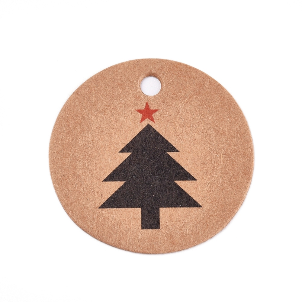 Etiquettes en carton décorées "arbre de noël", rond 30x0,3mm, trou 3mm x 10 pcs