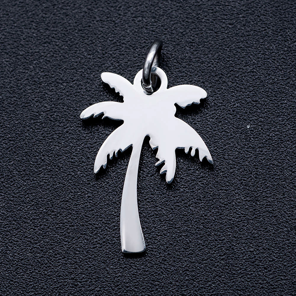 Pendentif INOX argenté, cocotier, 17x12x1mm, trou 3mm, anneau 5mm, l'unité