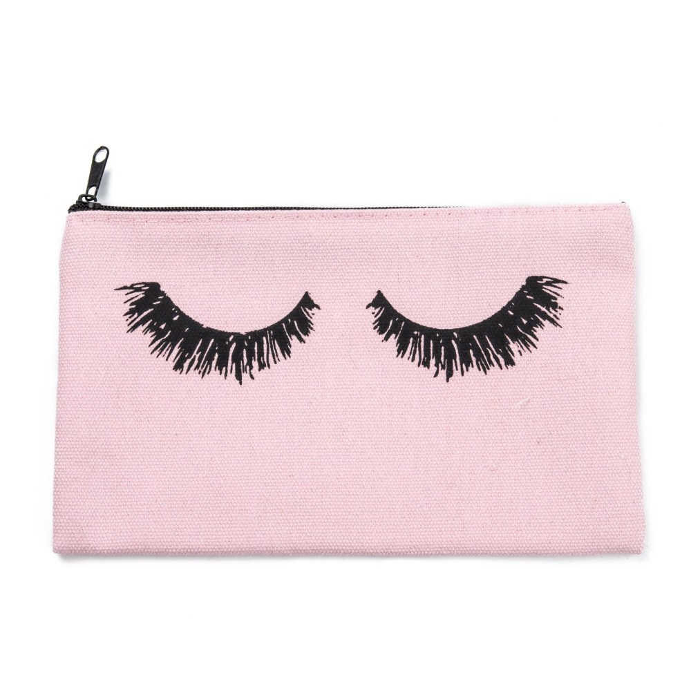 [TR30  AJEW-O030-02] Trousse en toile de coton rose, avec fermeture éclair, motif "cil", 190x115x3mm