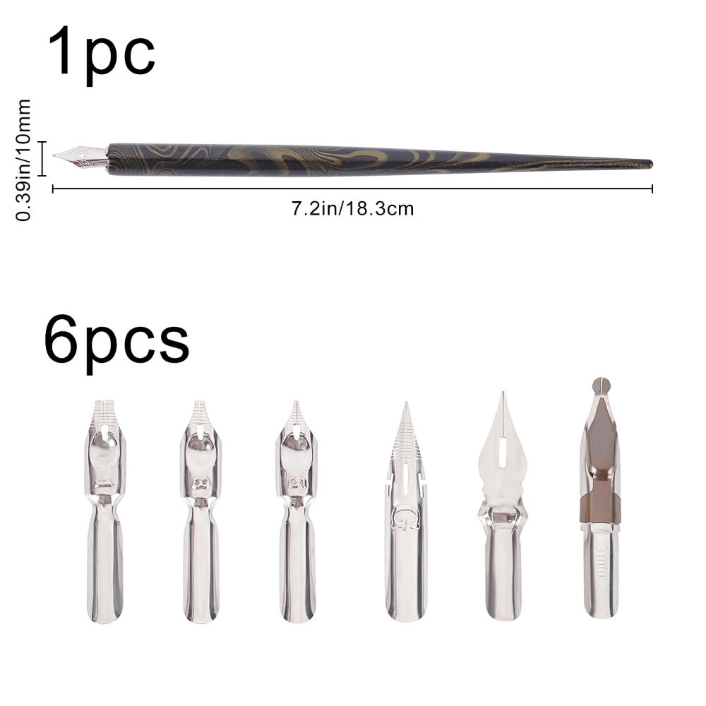 Stylo plume en bois, noir, avec 7 plumes différentes, 183x10mm