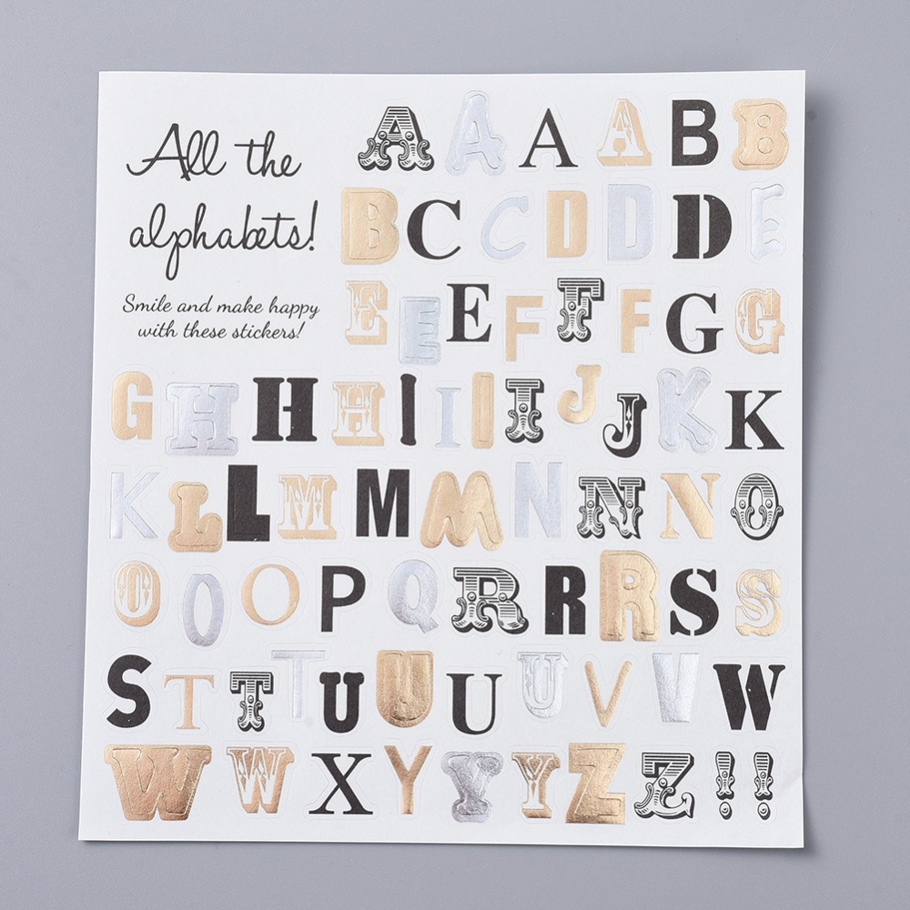 Stickers autocollant, "lettres alphabet multiples", or, argent, ~1.5x1.5cm, x 72 pièces