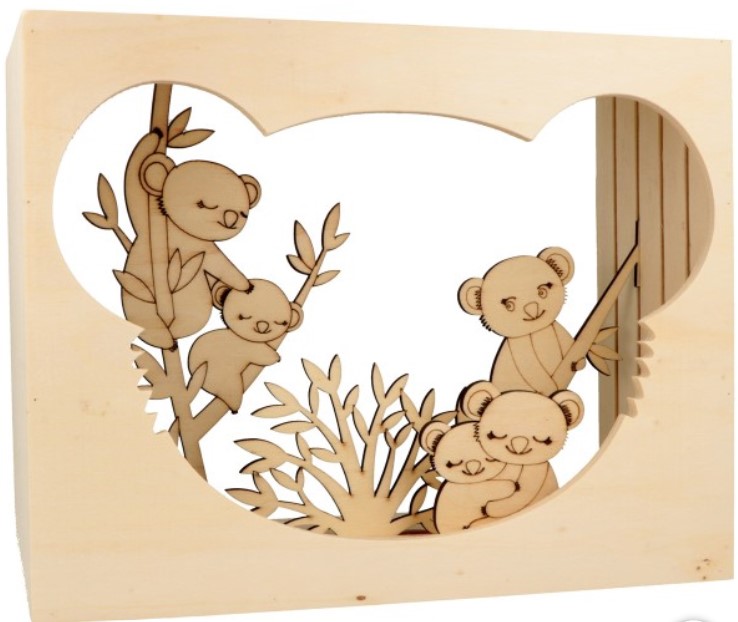 Boîte en bois, tête koala à décorer avec accessoires 3D, 22x28x11,5cm