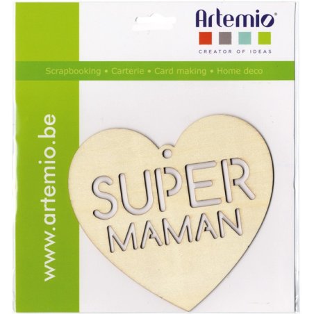 [14001948] Coeur en bois "SUPER MAMAN", 16x15x0.3cm