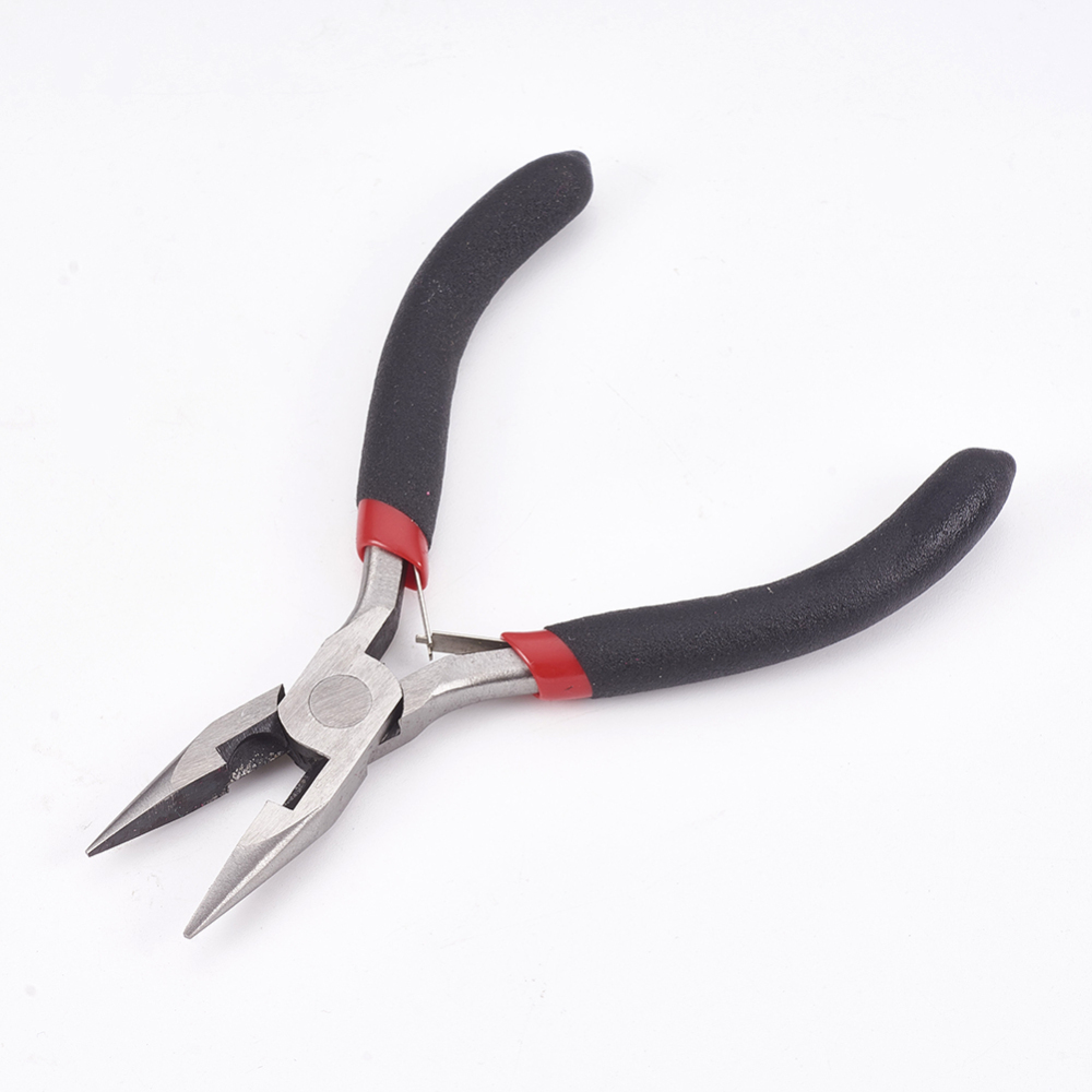 [PT-L004-38] Pince à bijoux en acier au carbone, bec plat et dentelé, manche noir, 120x83mm, l'unité