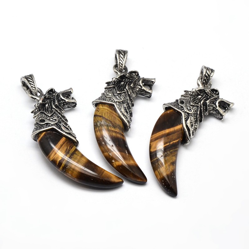 Pendentifs Oeil de Tigre naturel, marron or, défense de loup, 55x23x10mm, Trou: 4.5x8mm