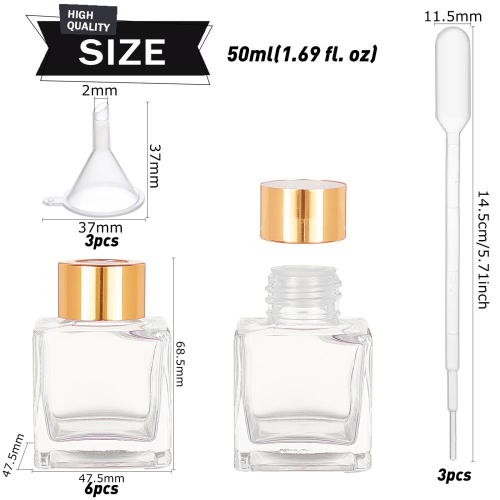[BC0002] Flacon en verre, couvercle étanche PVC recouvert d'aluminium doré, 50ml, 47.5x47.5x68.5mm