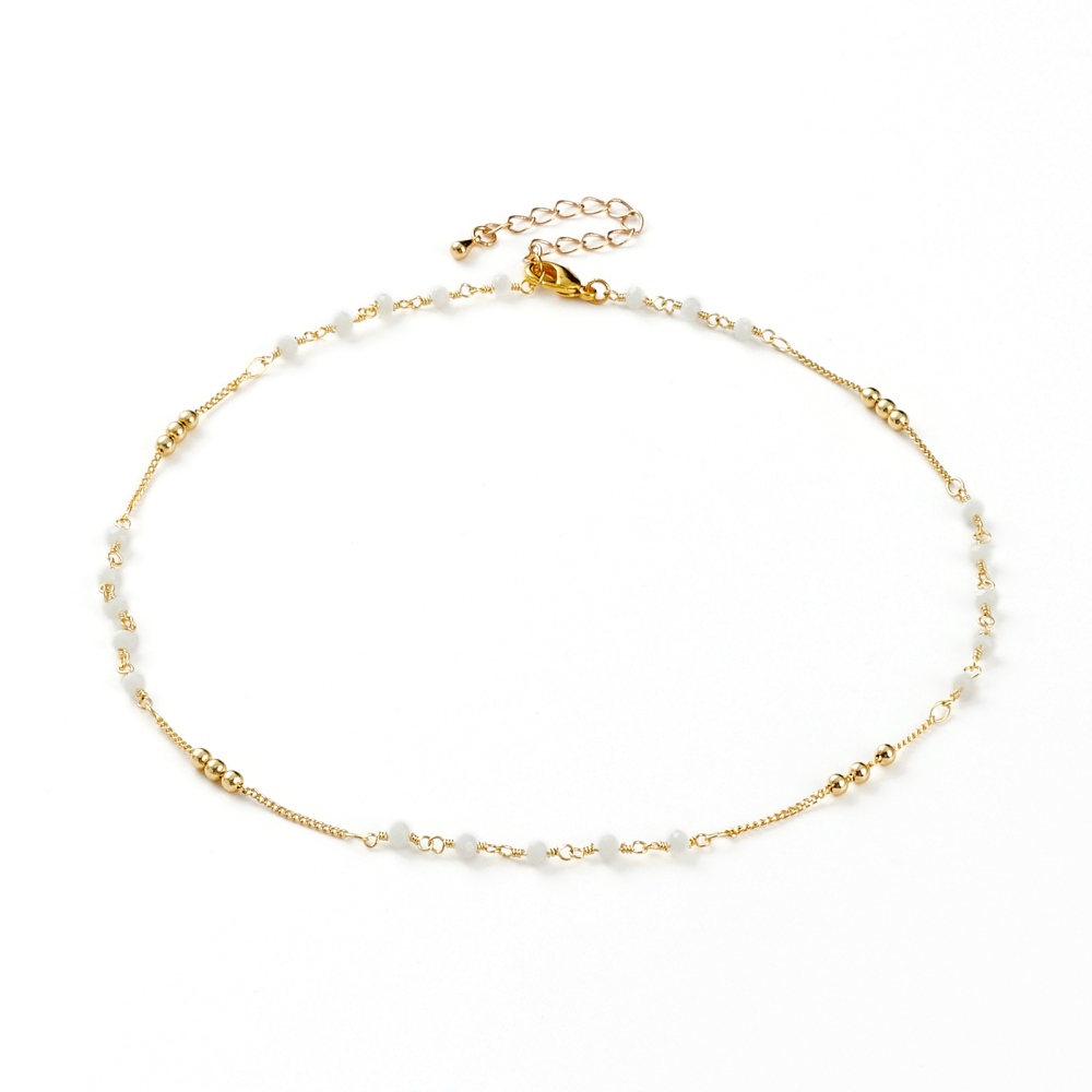 Collier chaîne plaquée or 18k, avec perles blanches à facettes, 39,7 cm + chaîne de réglage