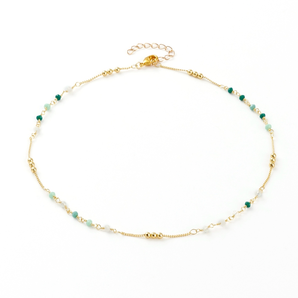 [NJEW-JN03278-04] Collier chaîne plaquée or 18k, avec perles colorées à facettes, 39,7cm + chaîne de réglage