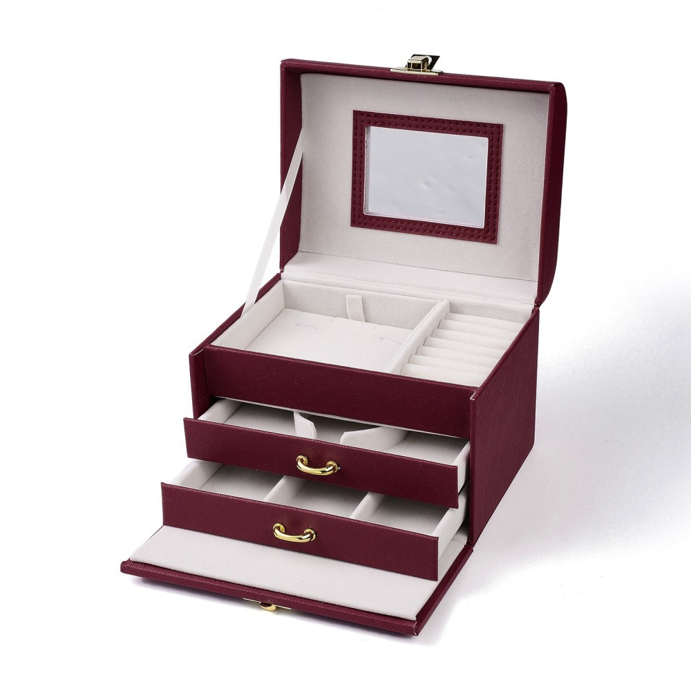 Boîte à bijoux en cuir, rouge foncé, 15x12,5x12,5 cm