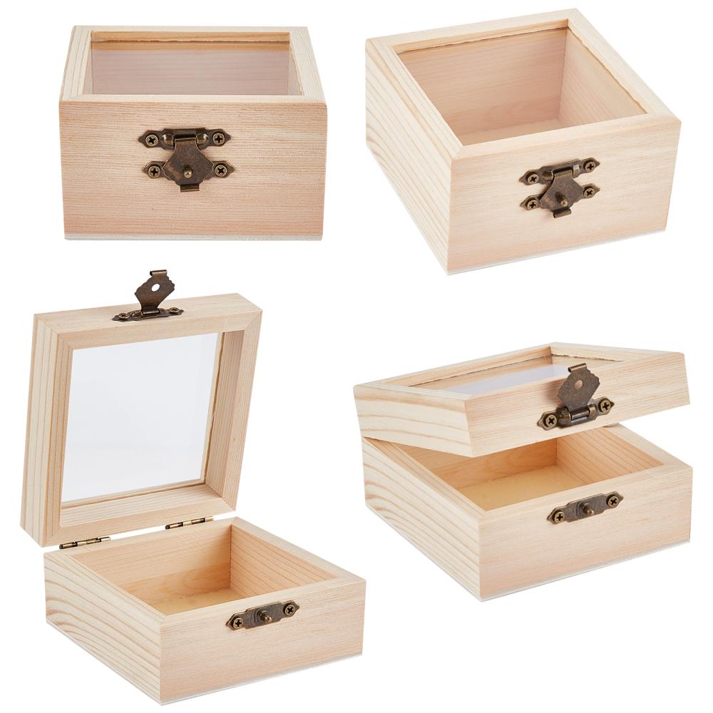 Boîte coffret en bois, couvercle transparent, 9x8.5x4.8cm