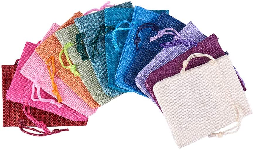 Pochette cadeau en toile de jute, 9x7 cm, lot de 15, coloris assortis