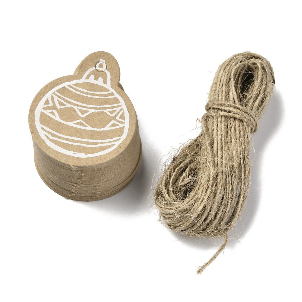 Etiquettes en carton "boules de noël", rond 40x0,5mm, vendues avec ficelle de jute,10 pcs