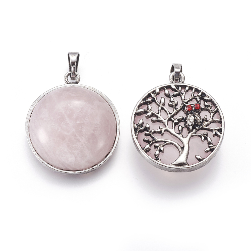 [G-I214-E05] Pendentif arbre de vie et hibou, laiton argenté et strass, 31x27x10~11mm, Trou: 5x7mm, sur quartz rose