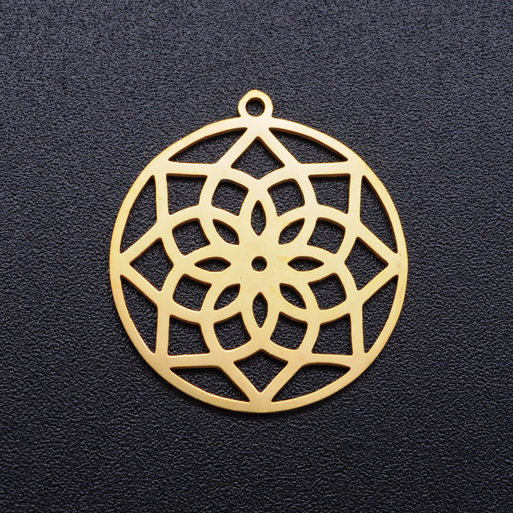 [STAS-Q201-JN348-2  X-A-STAS-T049-T671-2] Pendentif INOX doré, fleur de vie, 21,5x20x1mm, trou 1,2mm