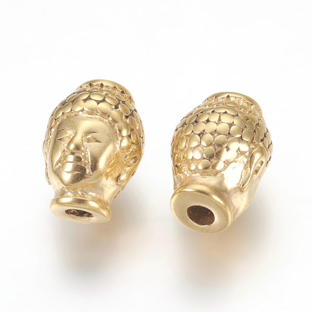 [STAS-E446-21G] Perle en INOX doré, placage ionique, tête de bouddha, 10x13x9mm, trou 3mm