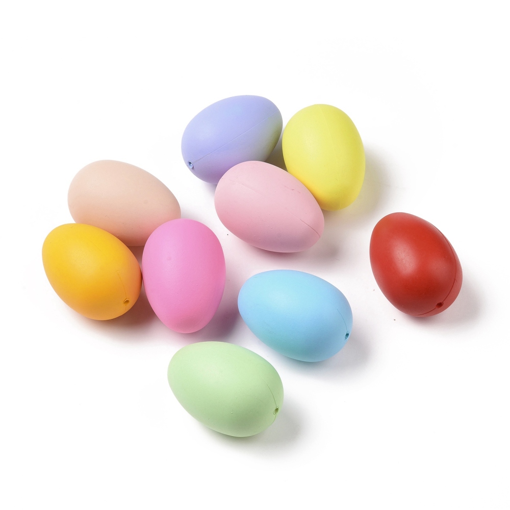 Oeufs en plastique, 59x40.5mm trou 3.5mm, COLORIS variés, le sachet de 50