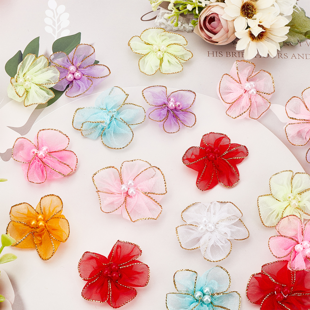 Fleur en organza, 40x40x9mm, coloris divers