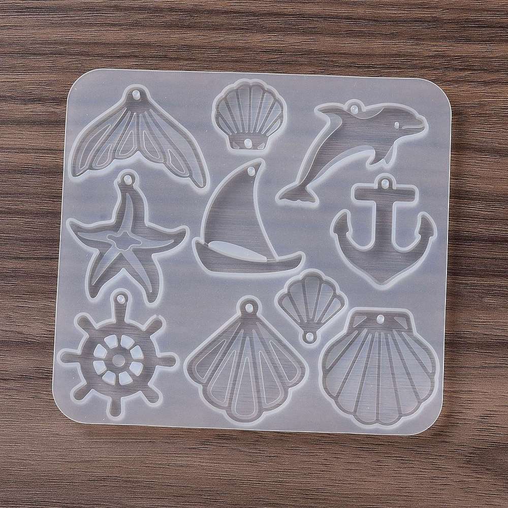 Moule en silicone, thème marin, ancre, poisson, coquillages, 106x99x4.5mm, trou 1.8mm