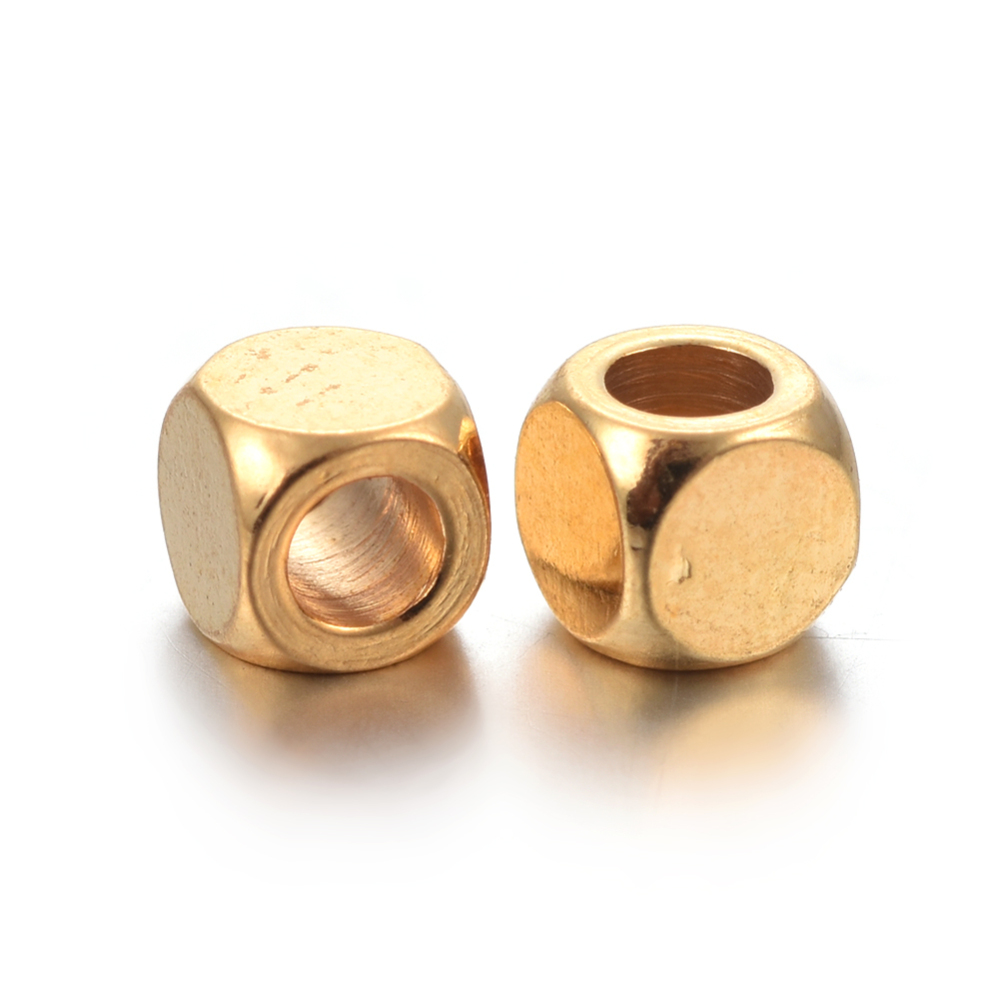 Perle INOX doré cube,  3x3x3mm, trou 1,6mm