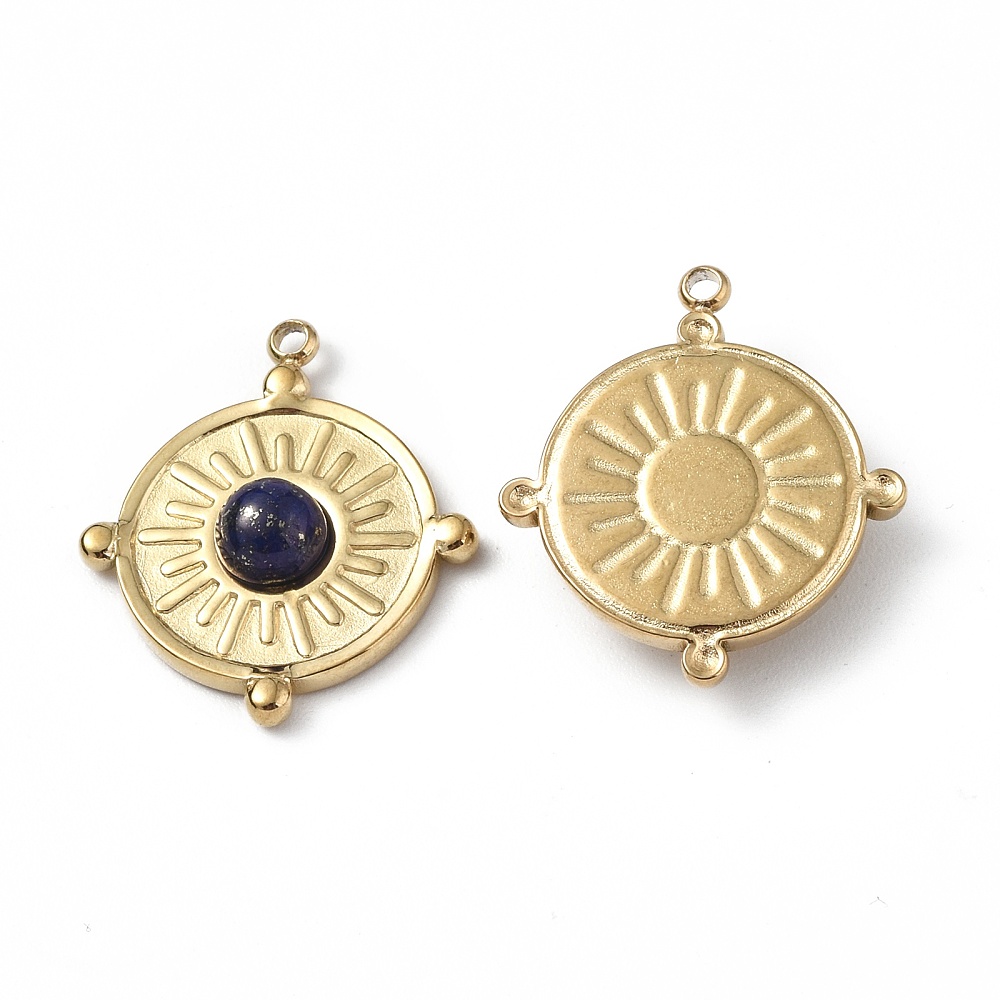 Pendentifs INOX doré et lapis lazuli, plat rond, 20,5x18x4mm, trou 1,2mm